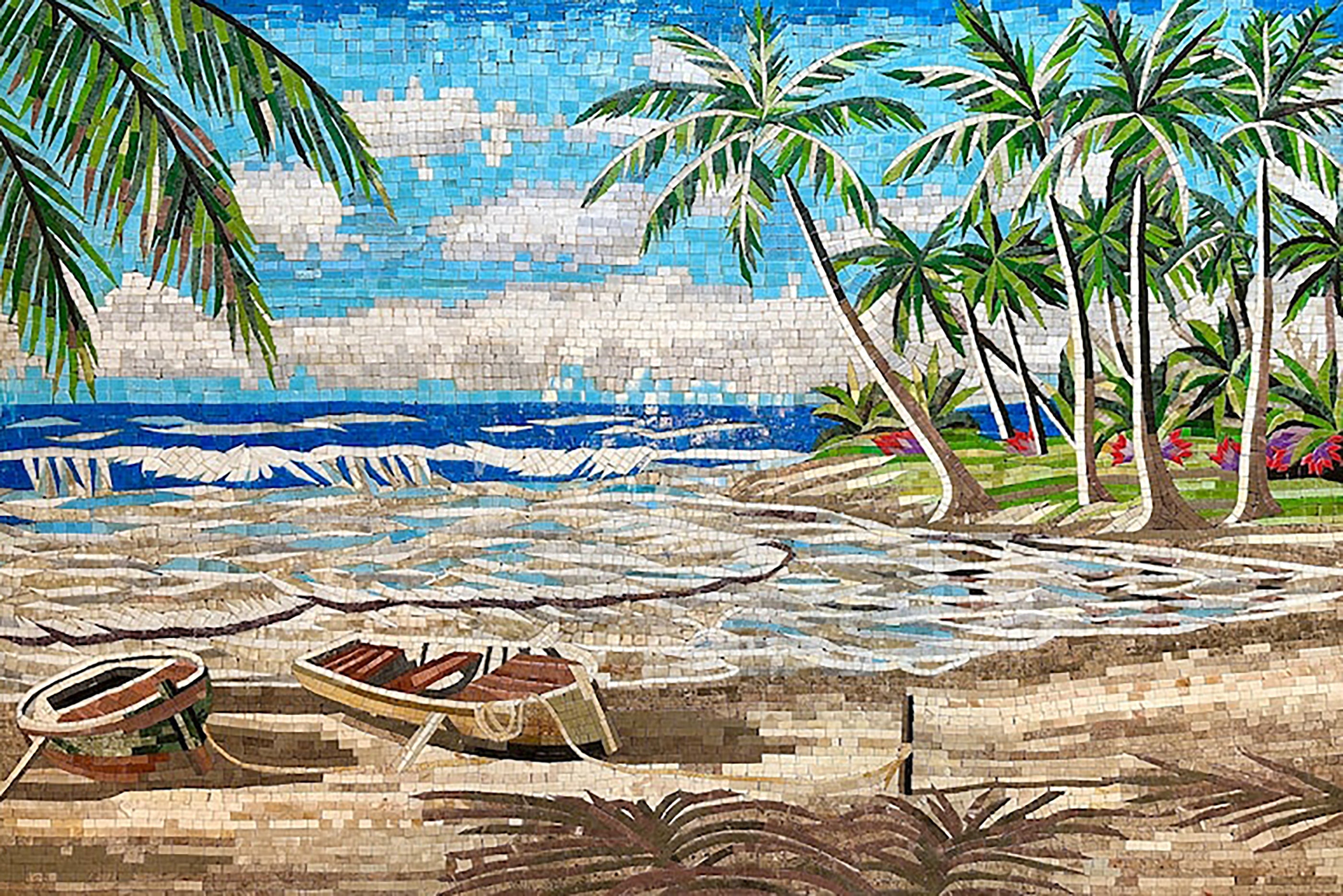 Tropical Beach with Rowboats Mosaic | Landscape Mosaics | iMosaicArt