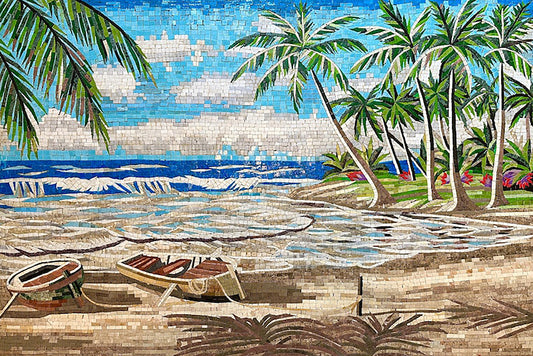 Tropical Beach with Rowboats Mosaic | Landscape Mosaics | iMosaicArt