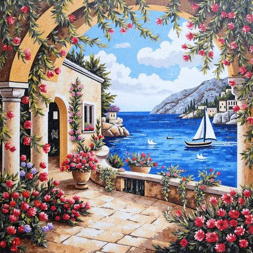 Tropical Paradise Landscape Mosaic: Lush Greenery and Blue Skies