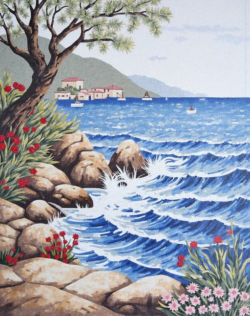 Serene Lakeside Landscape Mosaic: Calm Waters and Beautiful Reflections