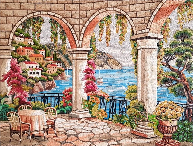 Mediterranean Terrace View Mosaic with Coastal Town