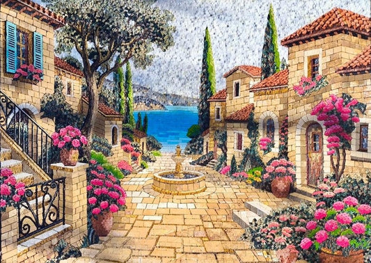 Tuscan Village Courtyard Mosaic with Fountain