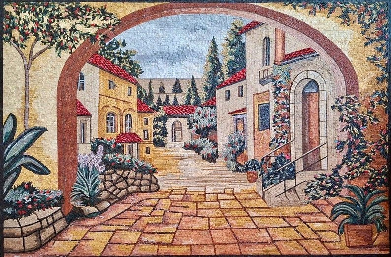 Arched View of a European Village Street Mosaic