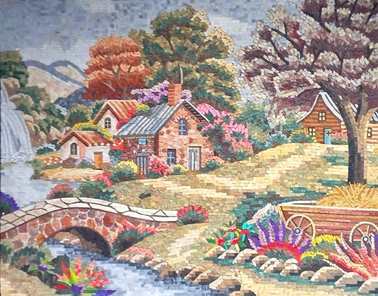 Mountain Stream and Stone Bridge Landscape Mosaic