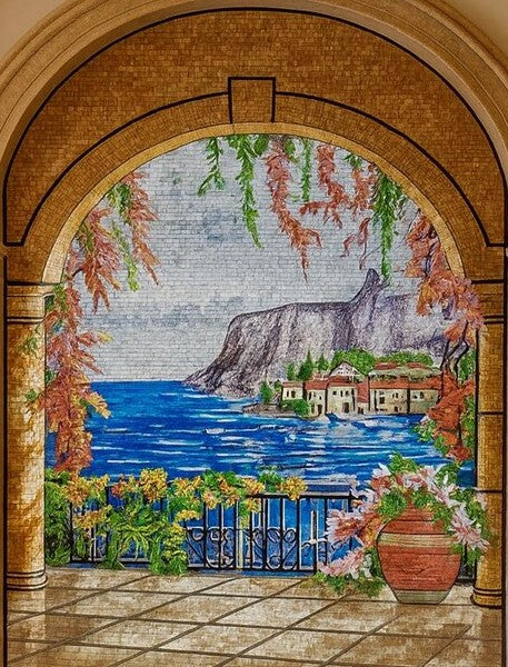 Arched Window View of a Coastal Cliffside Mosaic