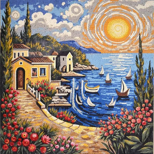 Hand-Set Desert Oasis at Dawn Premium  Tile Art Stone Mosaic Art