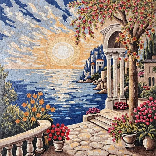 Timeless Mediterranean Seascape Premium  Tile Art Stone Mosaic Art