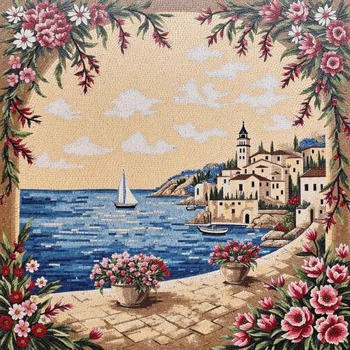 Luxury Mediterranean Seascape Premium  Tile Art Stone Mosaic Art