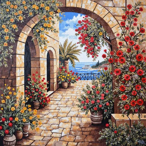 Artisanal Desert Oasis at Dawn Premium  Tile Art Stone Mosaic Art