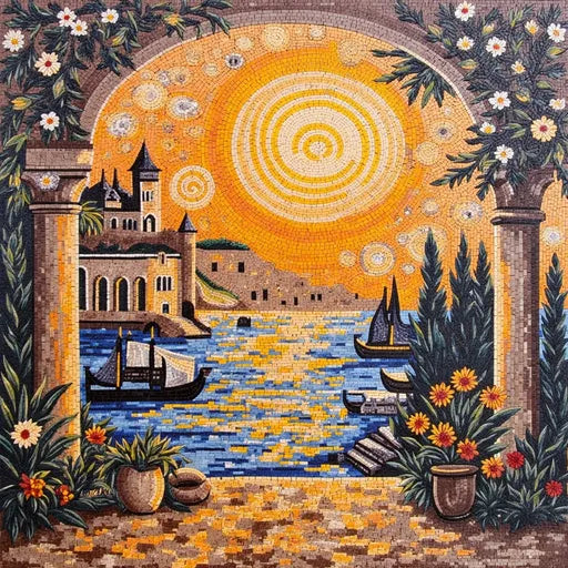 Contemporary Tuscan Vineyard Sunset Premium  Tile Art Stone Mosaic Art