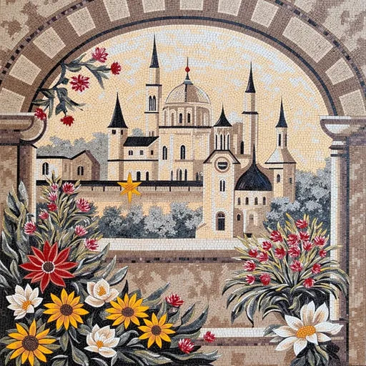 Hand-Set Tuscan Vineyard Sunset Premium  Tile Art Stone Mosaic Art