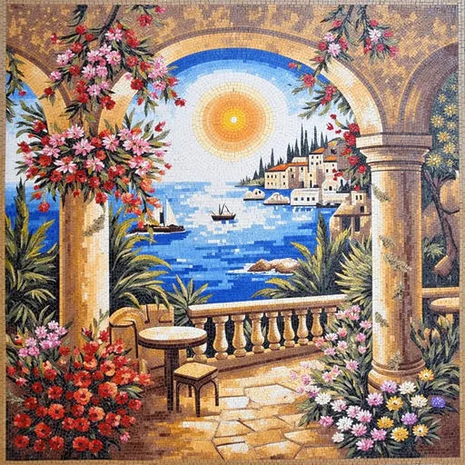 Contemporary Desert Oasis at Dawn Premium  Tile Art Stone Mosaic Art