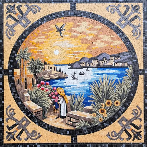 Stonecrafted Desert Oasis at Dawn Premium  Tile Art Stone Mosaic Art