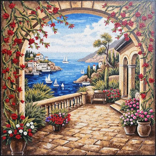 Hand-Set Snowy Mountain Vista Premium  Tile Art Stone Mosaic Art