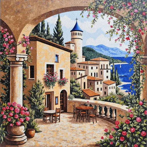 Hand-Set Tuscan Vineyard Sunset Premium  Tile Art Stone Mosaic Art