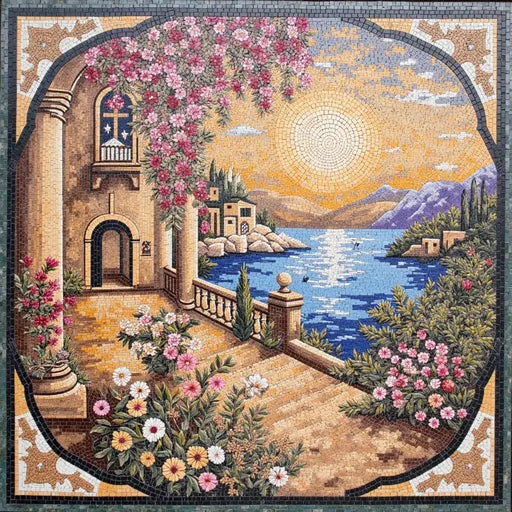Fine Desert Oasis at Dawn Premium  Tile Art Stone Mosaic Art
