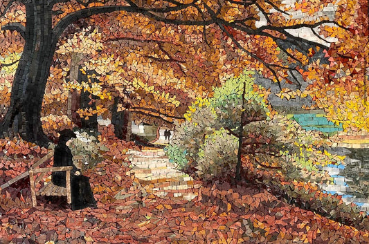 "Autumn Stroll" Handmade Landscape Mosaic: Impressionist Fall Foliage Wall Art
