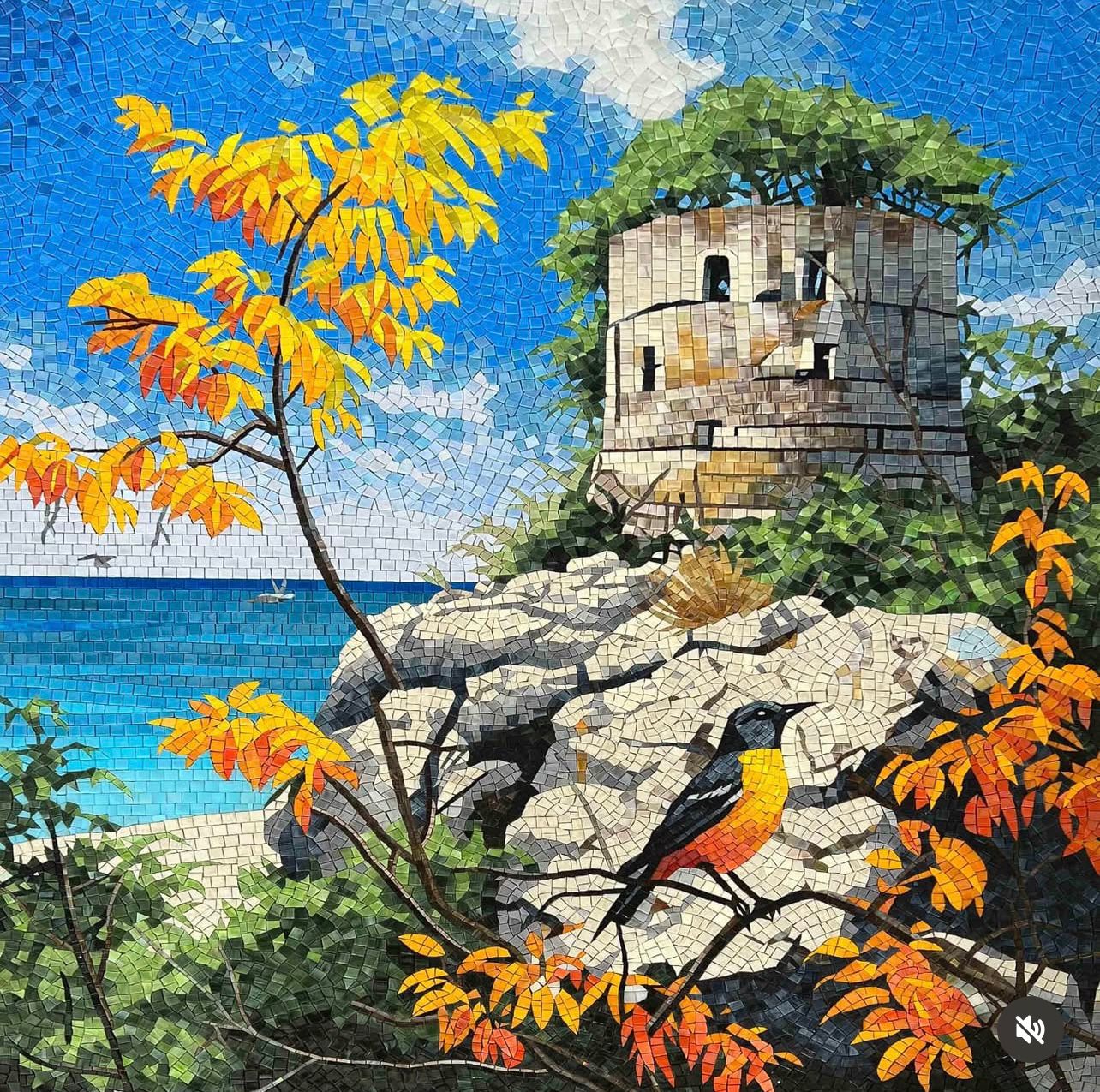 "Coastal Sentinel" Handmade Landscape Mosaic: Seaside Tower and Bird Wall Art
