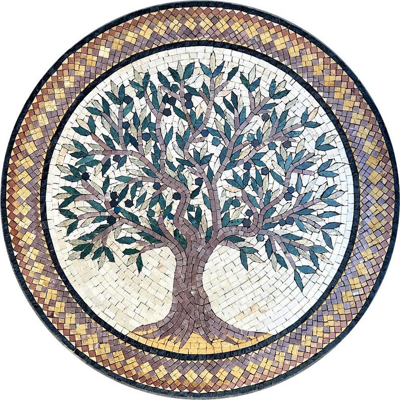Circular Olive Tree of Life Mosaic Medallion