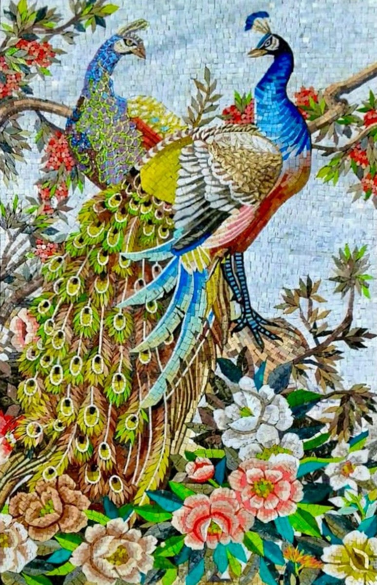 Double Peacock Mosaic on Flowering Branch
