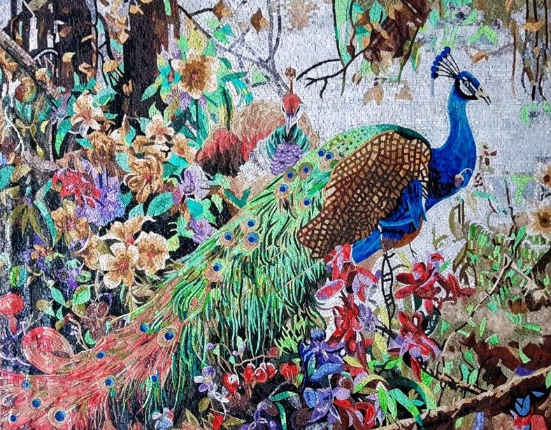 Lush Garden Peacock Mosaic with Floral Background