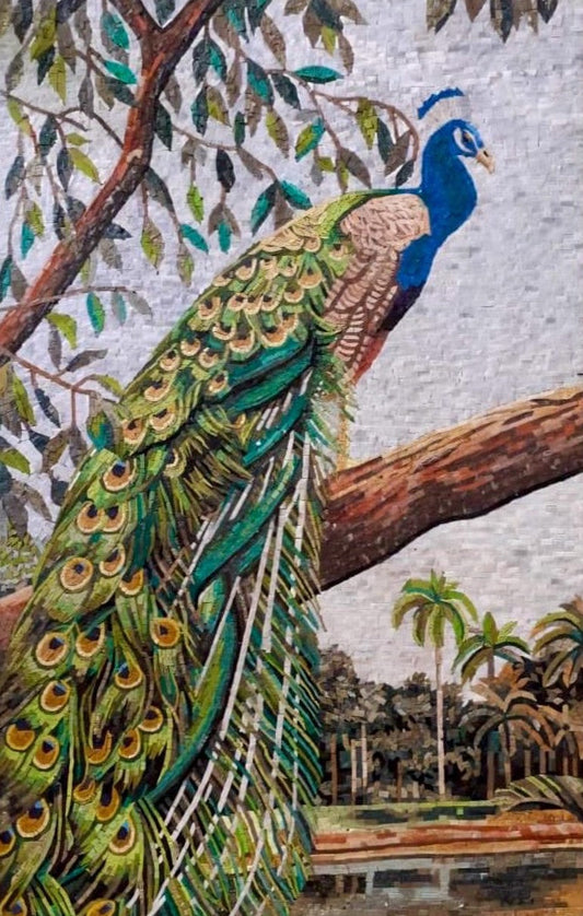 Regal Peacock on a Tree Branch Mosaic