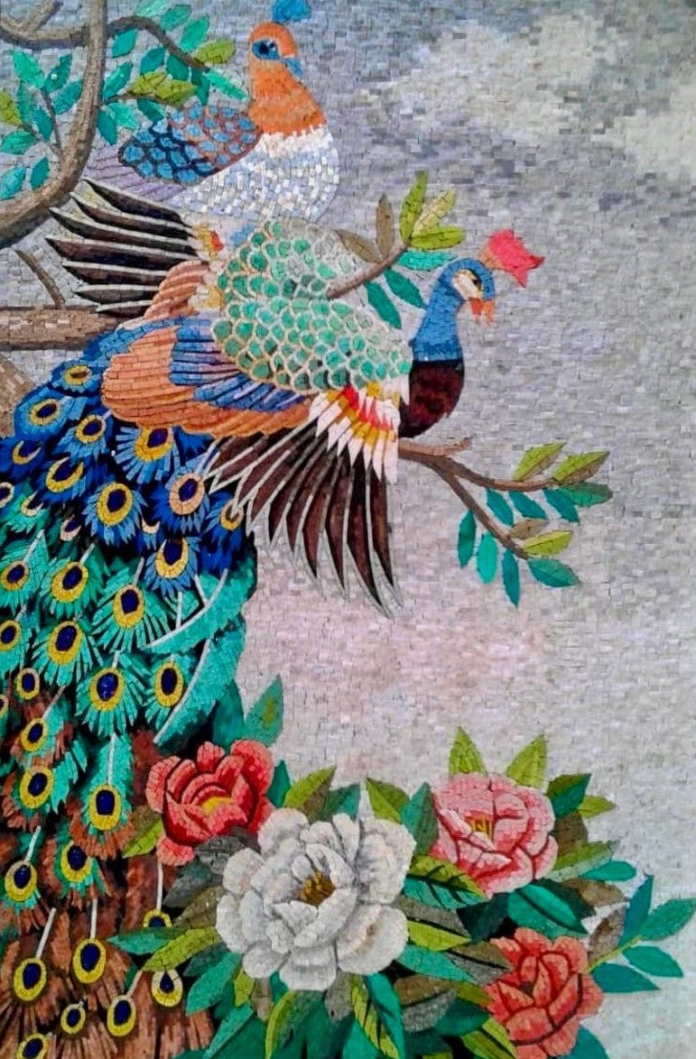 Pair of Peacocks with Vibrant Floral Accents Mosaic
