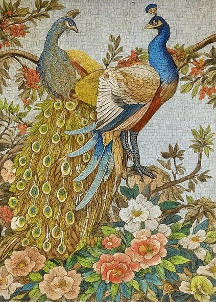 Vintage Style Double Peacock and Peony Mosaic