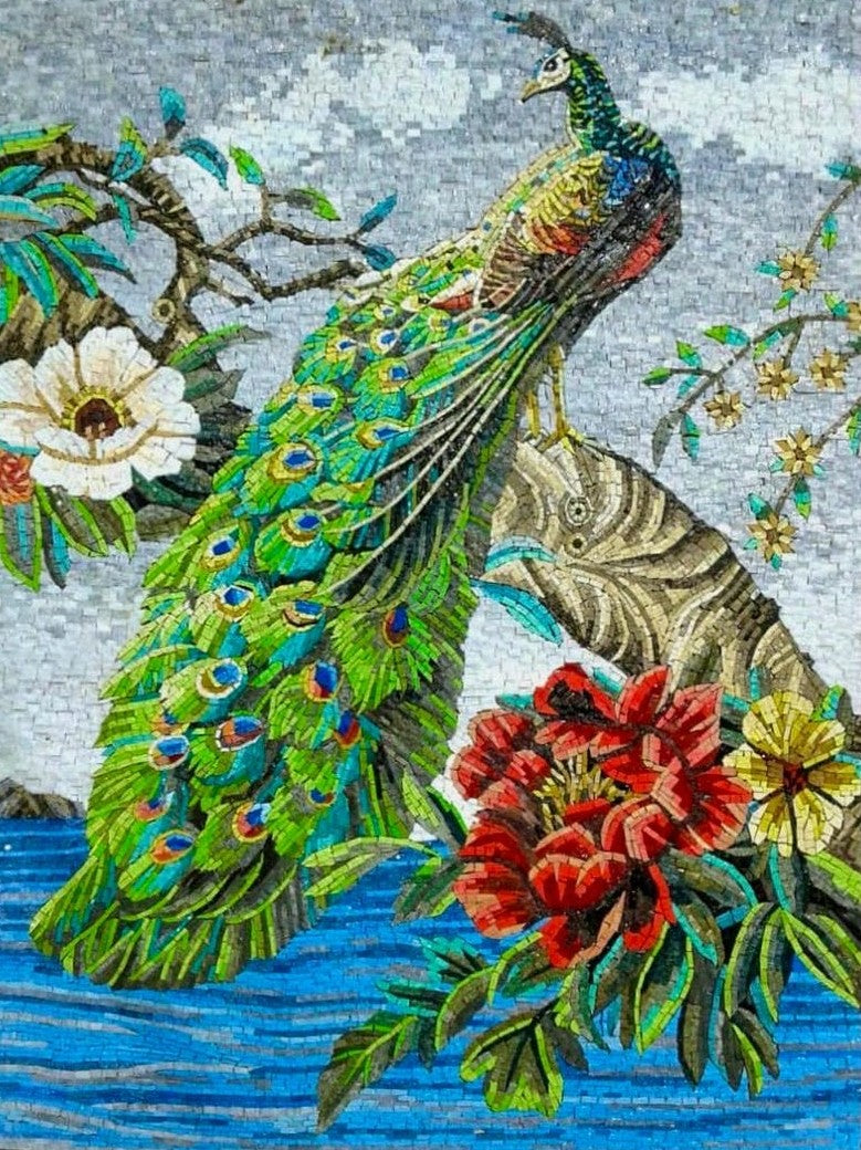 Emerald Peacock by the Water Mosaic Mural
