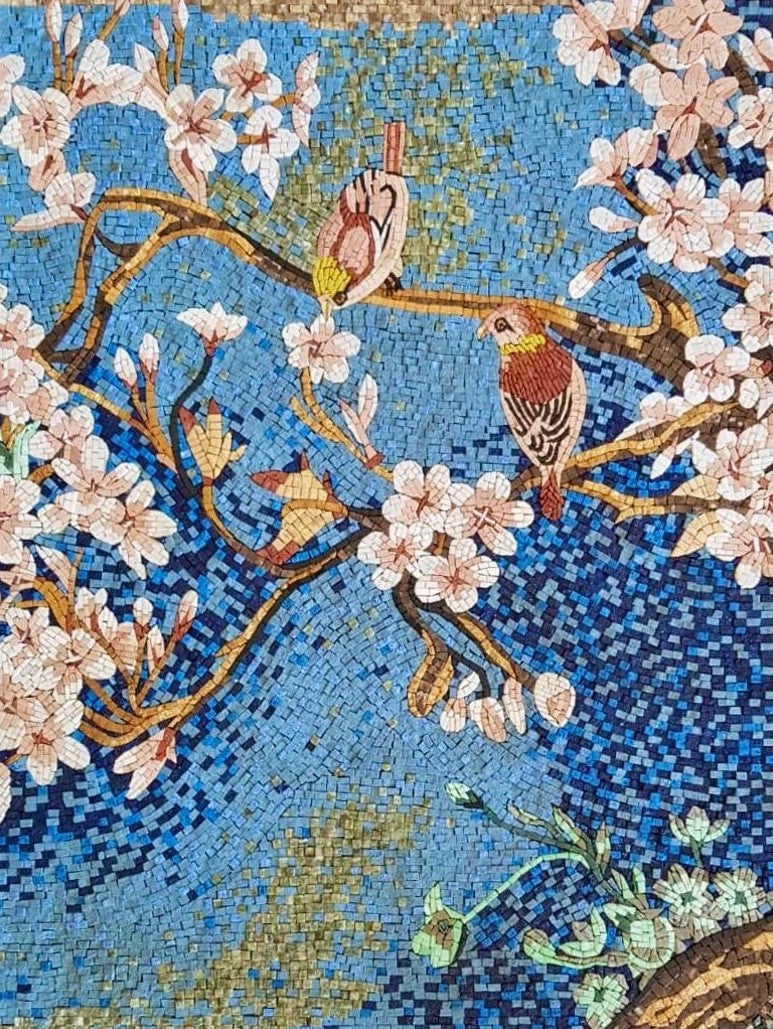 Spring Blossom Birds on Blue Mosaic