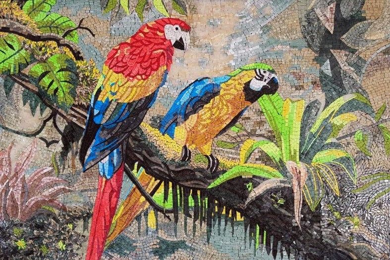 Tropical Macaw Pair in the Jungle Mosaic
