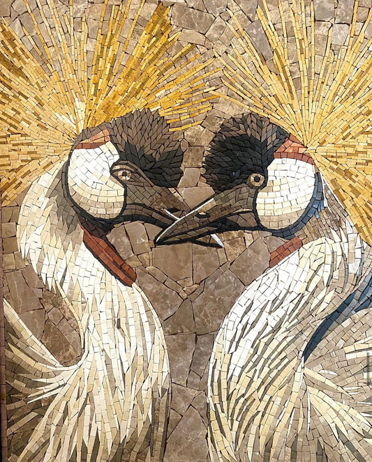 "Golden Crown" Handmade Bird Mosaic Art: A Regal Pair of Cranes