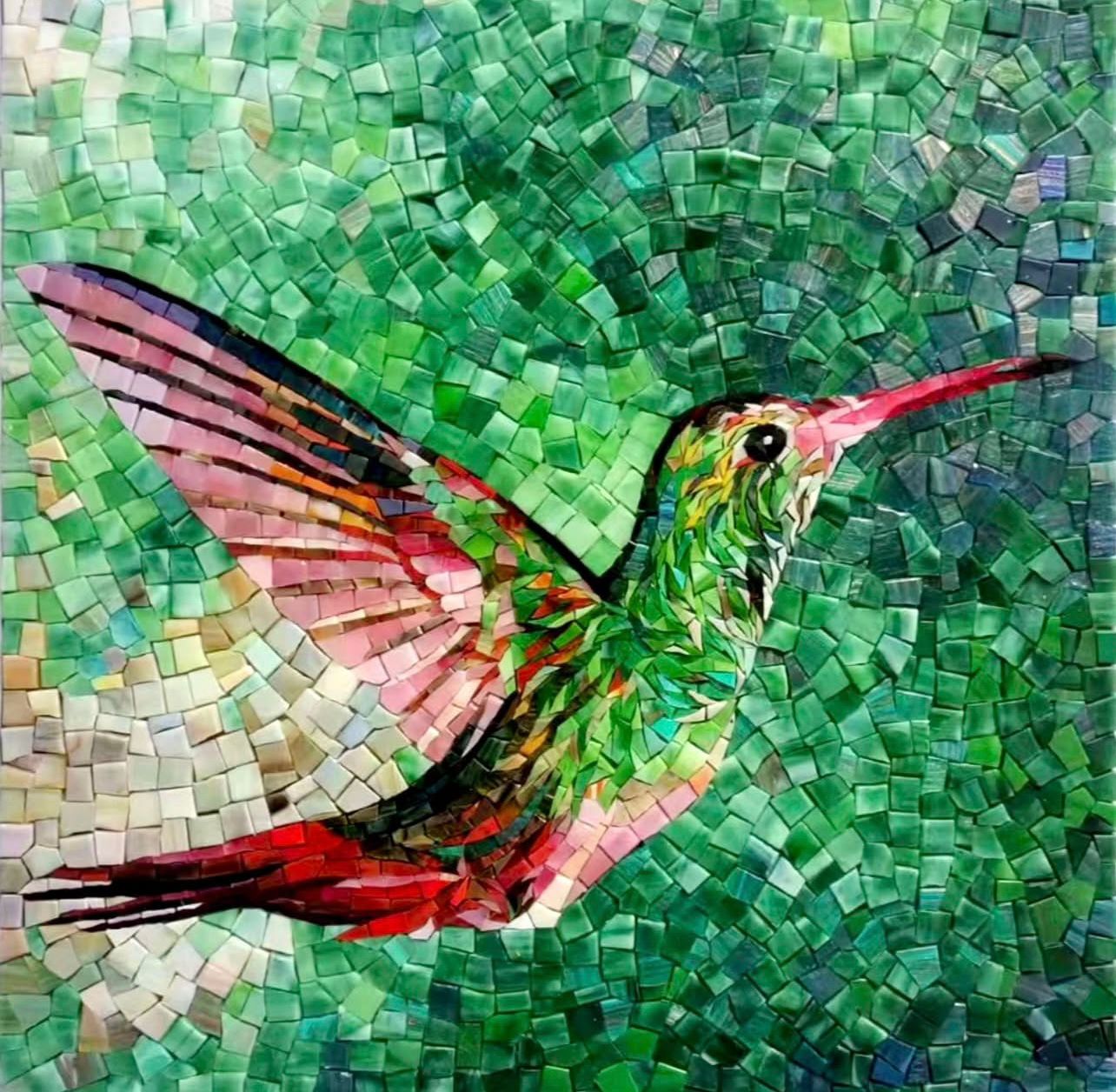 "Jewel of the Garden" Vibrant Hummingbird Mosaic Art: Colorful Glass Tile Wall Decor