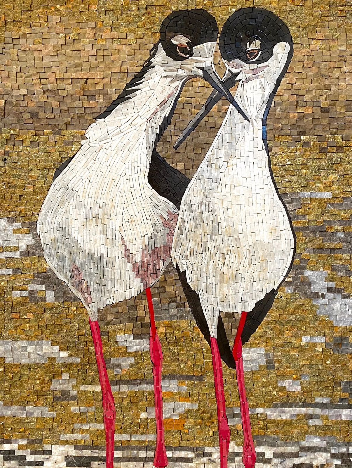 "Stilt Dance" Handmade Bird Mosaic: Elegant Black-necked Stilts Wall Decor
