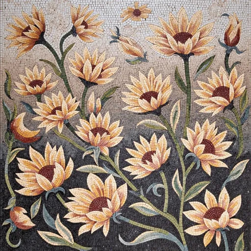 Artisanal Lily Pond Medallion  Floral Stone Mosaic Art