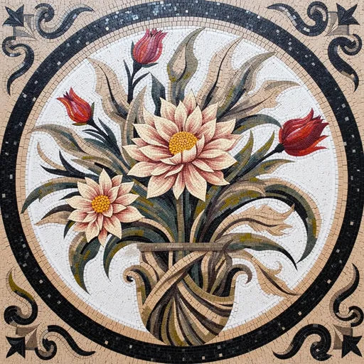 Heritage Sunflowers in a Vase  Floral Stone Mosaic Art