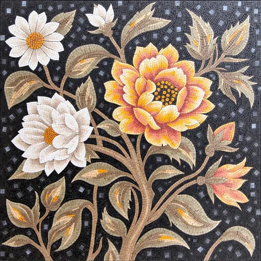 Hand-Set Lily Pond Medallion  Floral Stone Mosaic Art