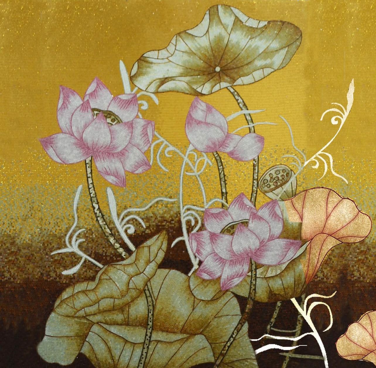 "Golden Serenity" Handmade Lotus Flower Mosaic Art: Pink and Gold Wall Decor