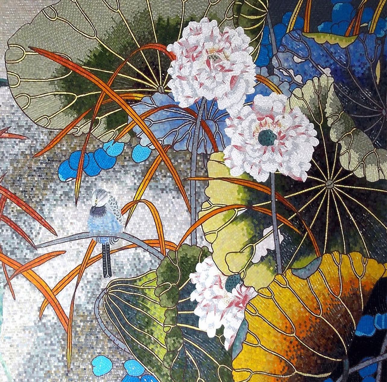 "Water Garden Whispers" Handmade Floral Mosaic with Bird: Contemporary Wall Art