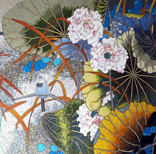 "Water Garden Whispers" Handmade Floral Mosaic with Bird: Contemporary Wall Art