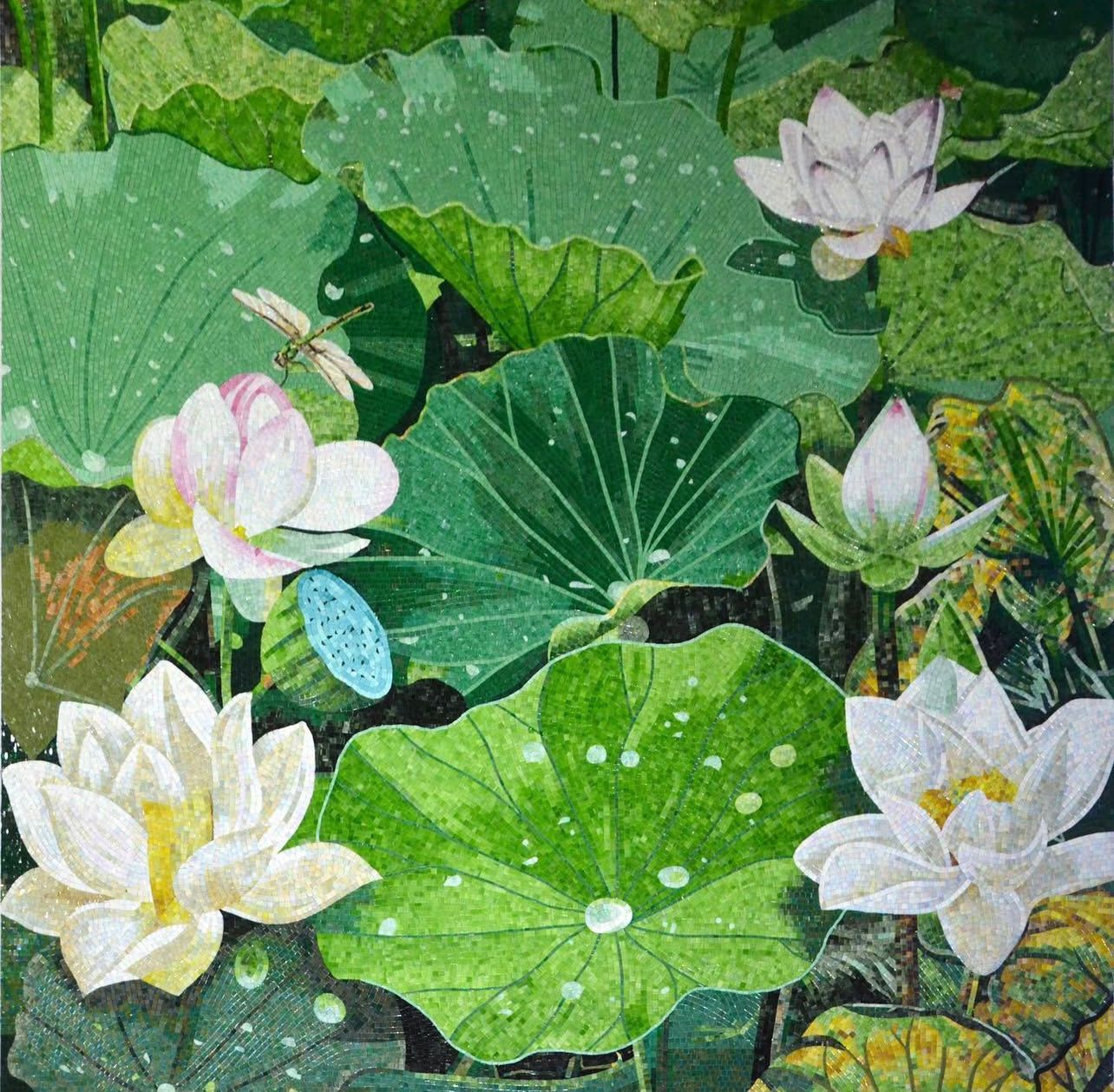 "Lily Pond Serenity" Handmade Lotus Mosaic: Lush Green Botanical Wall Art