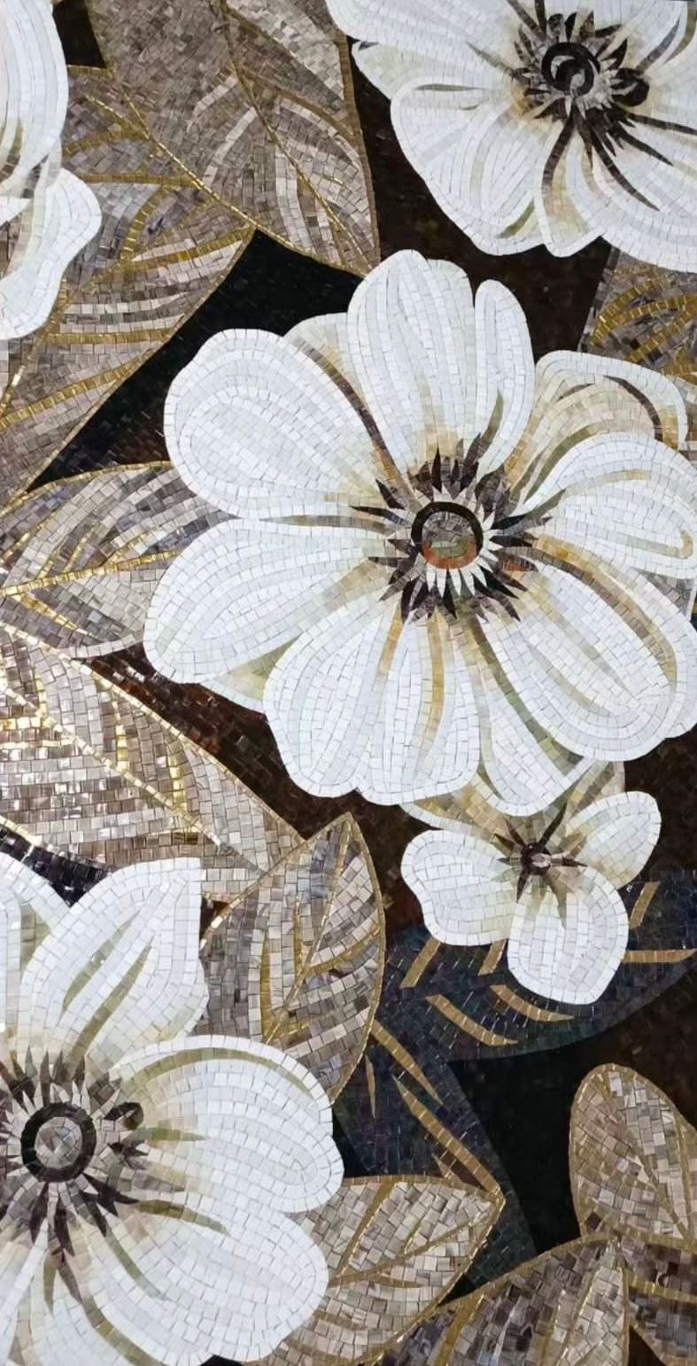 "Opulent Bloom" Handmade White Flower Mosaic: Gold and Bronze Botanical Art