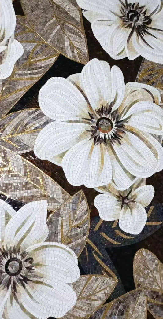 "Opulent Bloom" Handmade White Flower Mosaic: Gold and Bronze Botanical Art