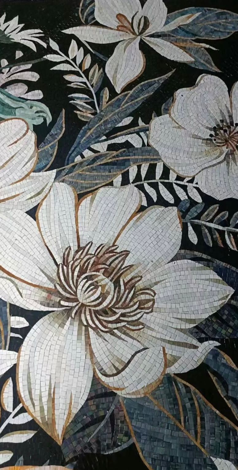 "Midnight Garden" Handmade White Flower Mosaic: Dramatic Black and White Wall Art
