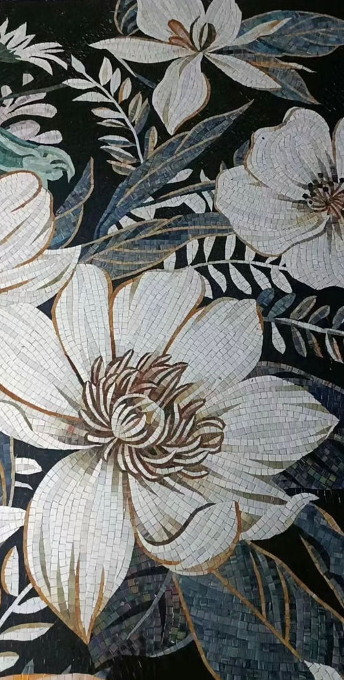 "Midnight Garden" Handmade White Flower Mosaic: Dramatic Black and White Wall Art