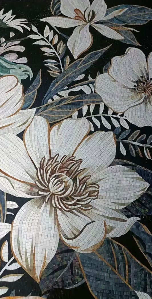 "Midnight Garden" Handmade White Flower Mosaic: Dramatic Black and White Wall Art