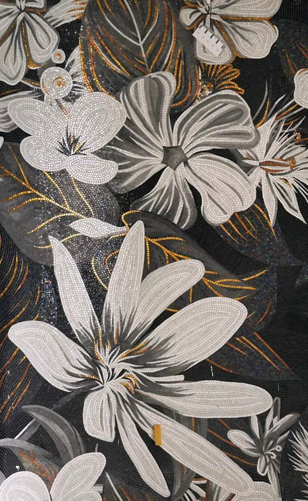 "Tropical Noir" Handmade Floral Mosaic: Black, White, and Gold Botanical Wall Art
