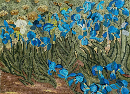 "Iris Garden" Handmade Blue Flower Mosaic: Impressionist Botanical Wall Art