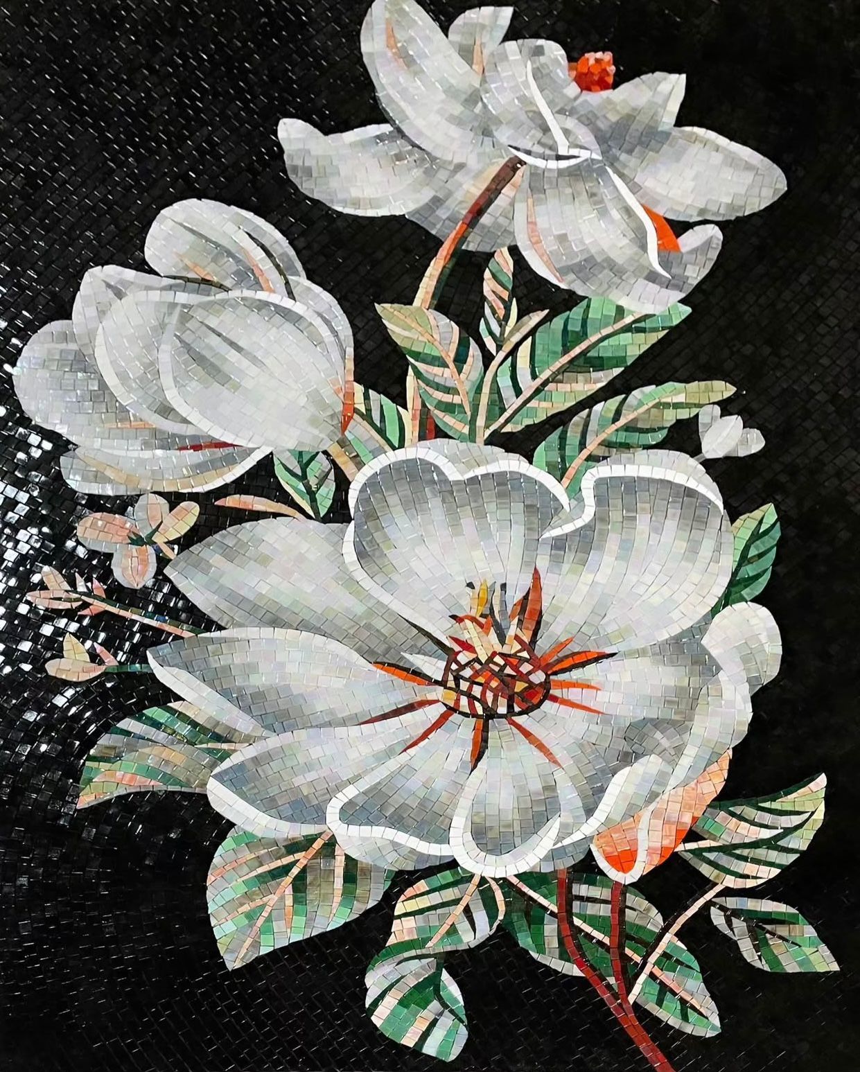 "Magnolia Night" Handmade Floral Mosaic: Elegant White Flowers on Black