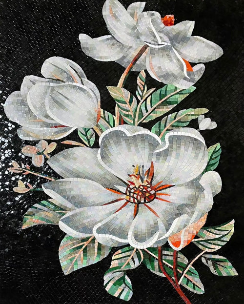 "Magnolia Night" Handmade Floral Mosaic: Elegant White Flowers on Black